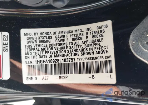 2008 Honda Civic Ex-L from USA, damaged, VIN 1HGFA16928L103757